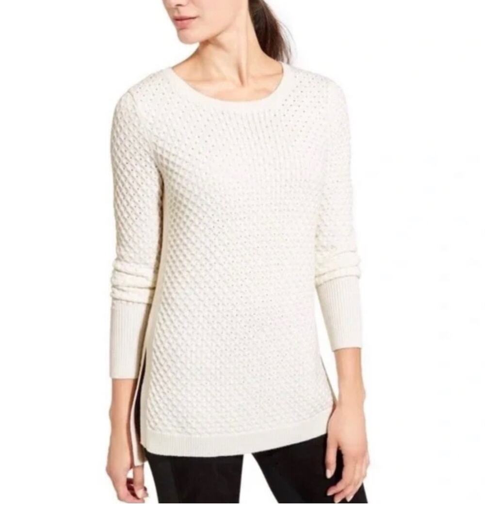 Athleta Honeycomb Cream Color Sweater Cozy  Tunic, merino wool blend Sz Medium